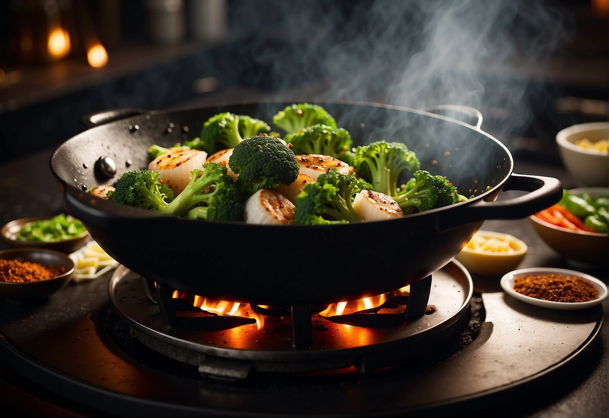Broccoli and scallops sizzling in a wok over high heat with Chinese spices and sauces being added