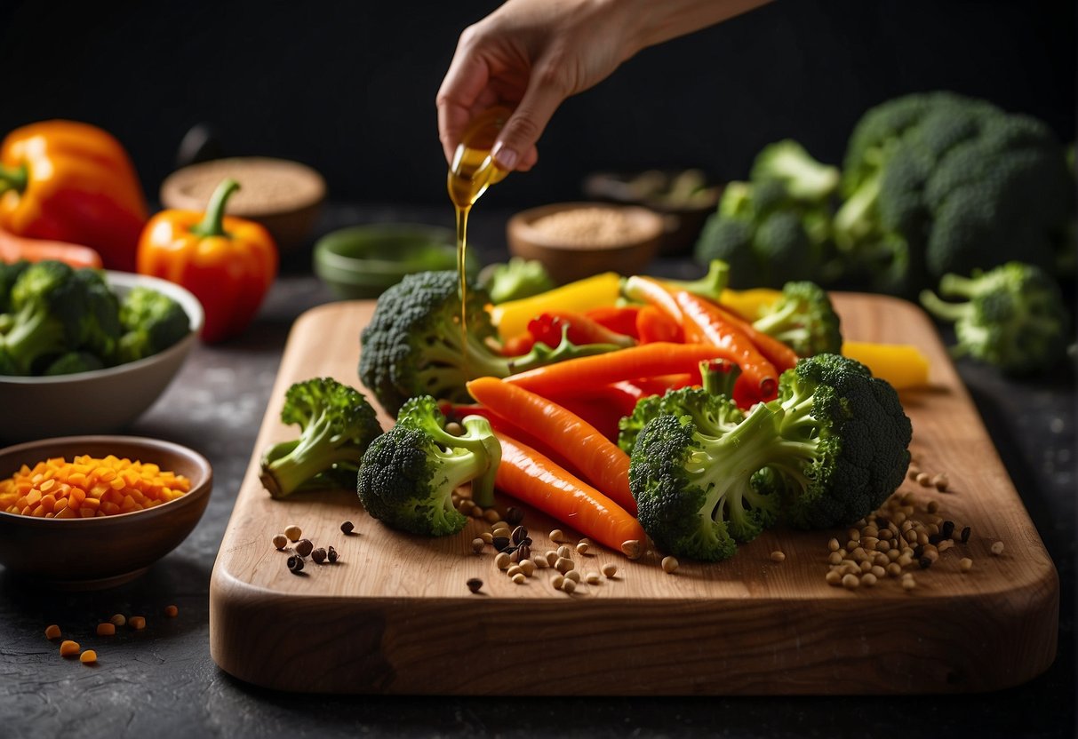 Broccoli, carrots, and bell peppers are chopped on a cutting board. A wok sizzles with oil as a hand tosses in the vegetables. Soy sauce and spices sit nearby