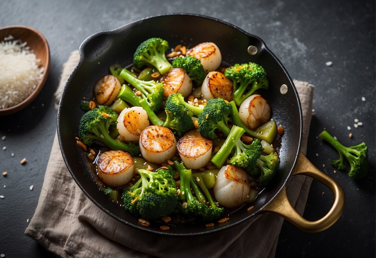 Broccoli and scallops sizzling in a wok with Chinese spices and savory sauce