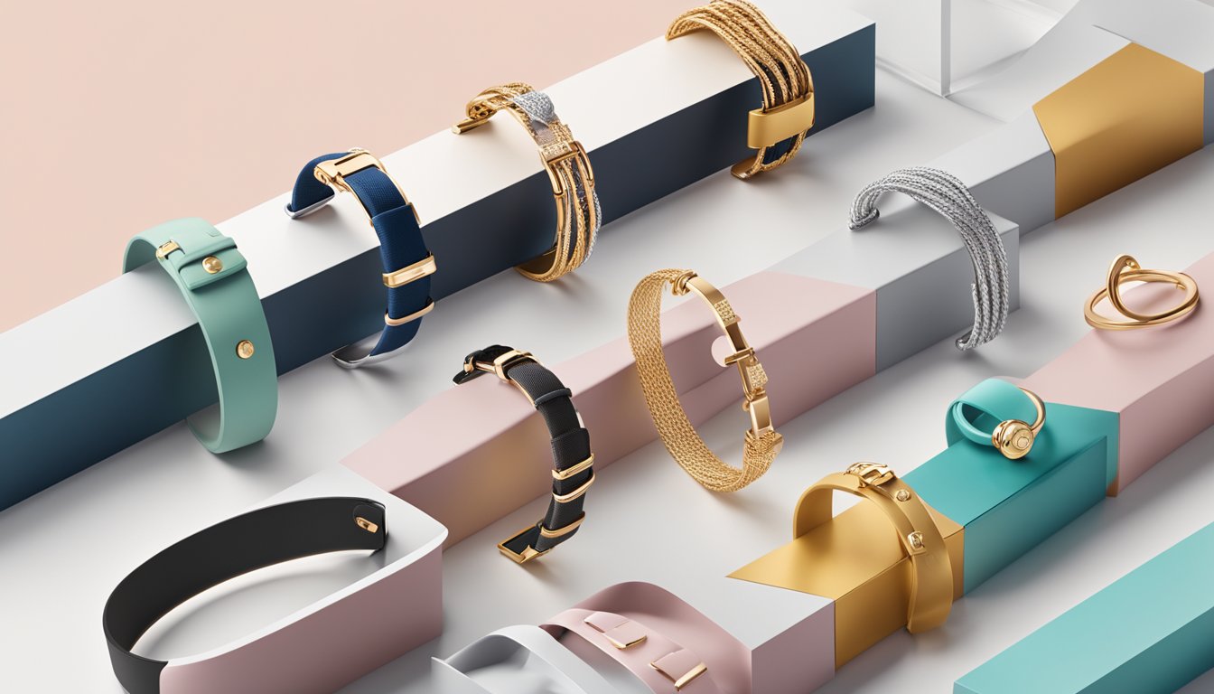 A display of contemporary bracelet brands, featuring sleek designs and trendy materials, arranged on a modern minimalist backdrop