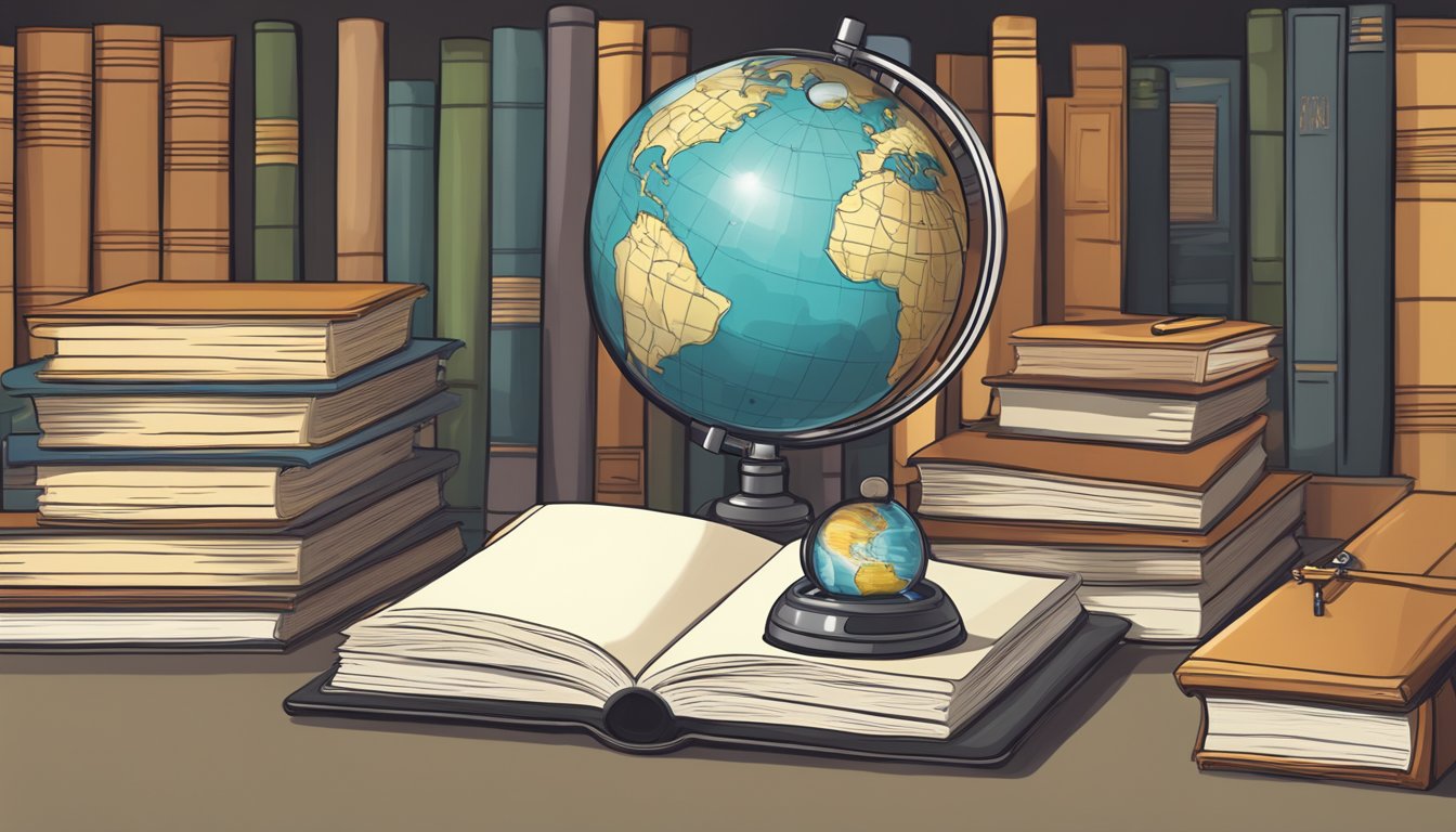 A stack of books with a globe on top, surrounded by a magnifying glass, a pencil, and a computer, representing intellectual property research