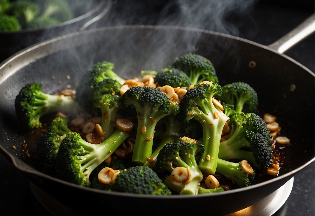 Broccoli sizzling in a hot wok with garlic and ginger. Steam rising as it is tossed and stir-fried in a savory Chinese sauce