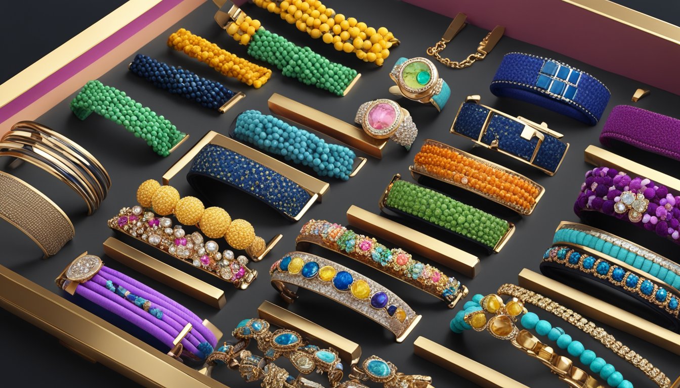A collection of colorful bracelets displayed on a velvet-lined tray, with various well-known bracelet brands listed on a nearby sign
