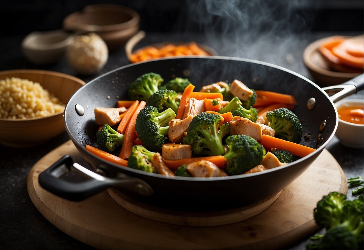 Fresh broccoli, sliced carrots, and tender chicken pieces sizzling in a wok with a savory Chinese stir fry sauce, creating a delicious and nutritious meal