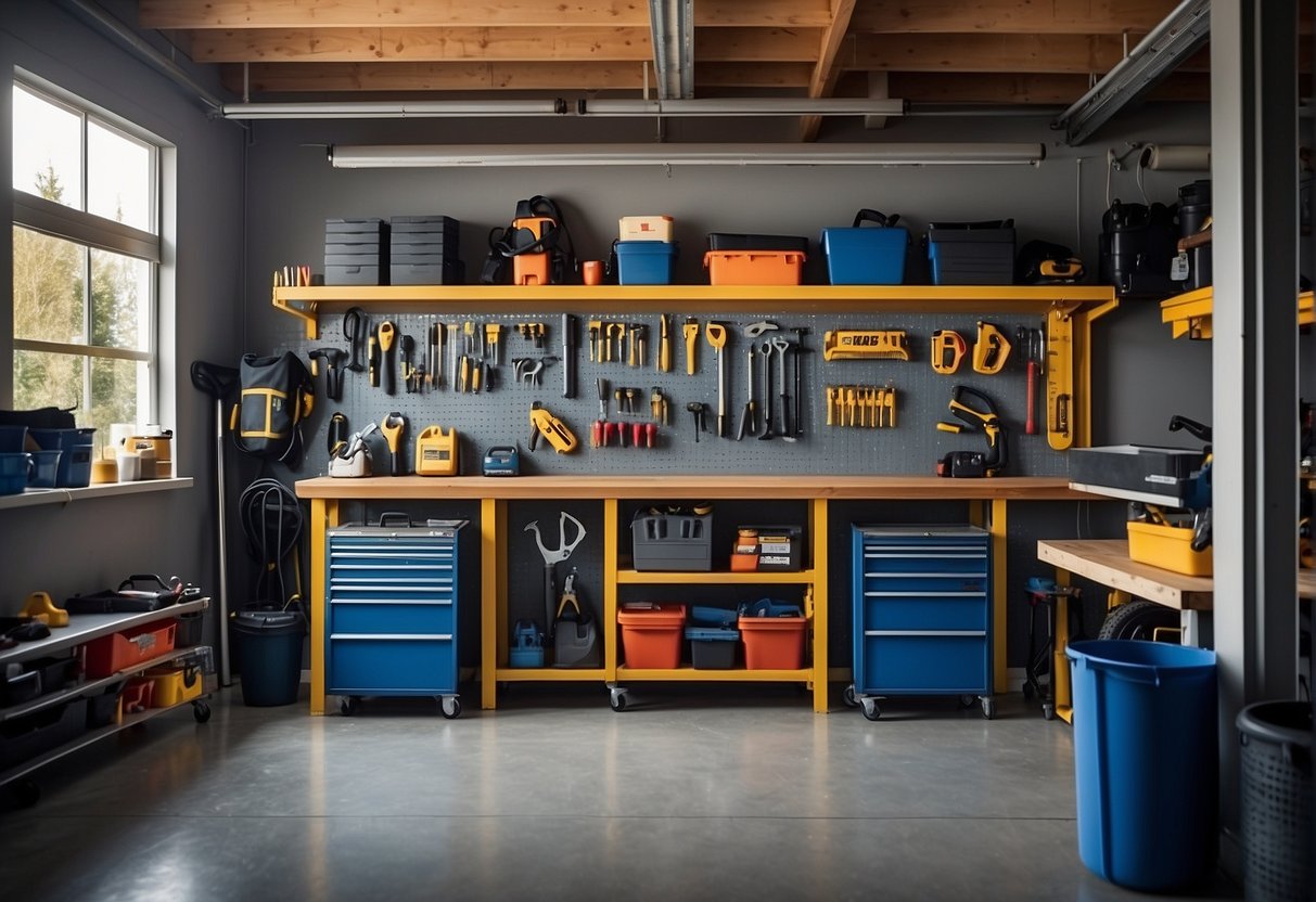 A well-organized garage with wall-mounted tool racks, labeled storage bins, and a sturdy workbench with built-in tool drawers