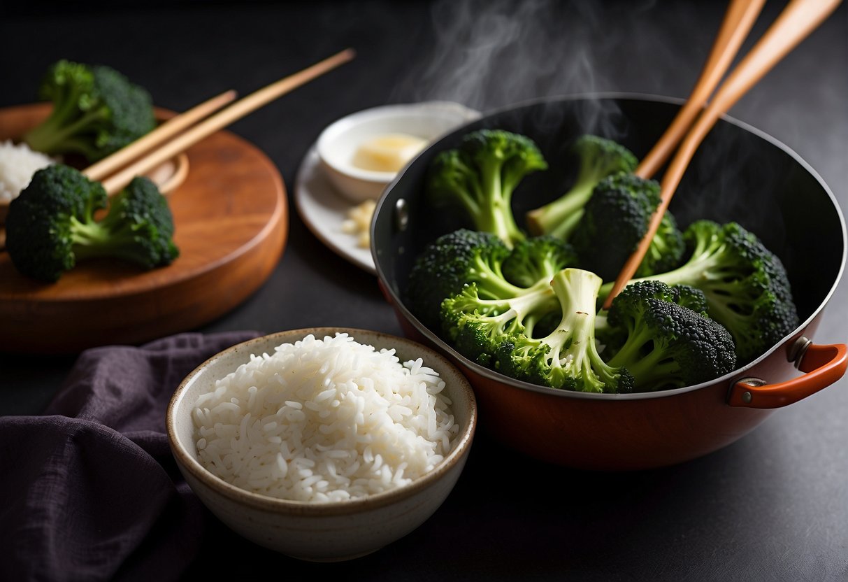 A sizzling wok tosses vibrant green broccoli, sizzling in fragrant garlic and ginger. Beside it, a bowl of fluffy white rice and a pair of chopsticks await