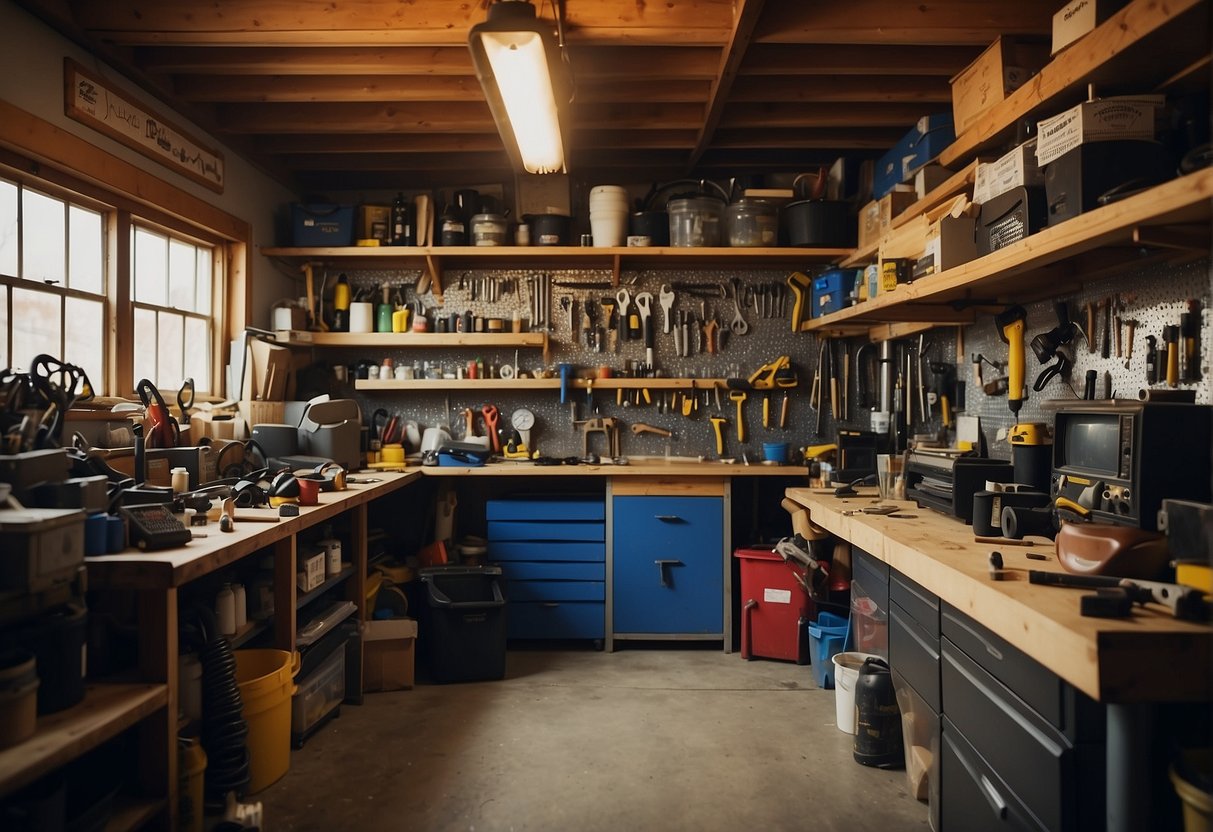 A cluttered garage with various tools scattered around, shelves and cabinets filled with disorganized items, and potential for organized tool storage solutions