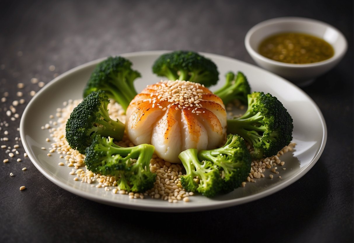 A steaming platter of broccoli scallop, garnished with sesame seeds, is elegantly presented on a round, white porcelain plate