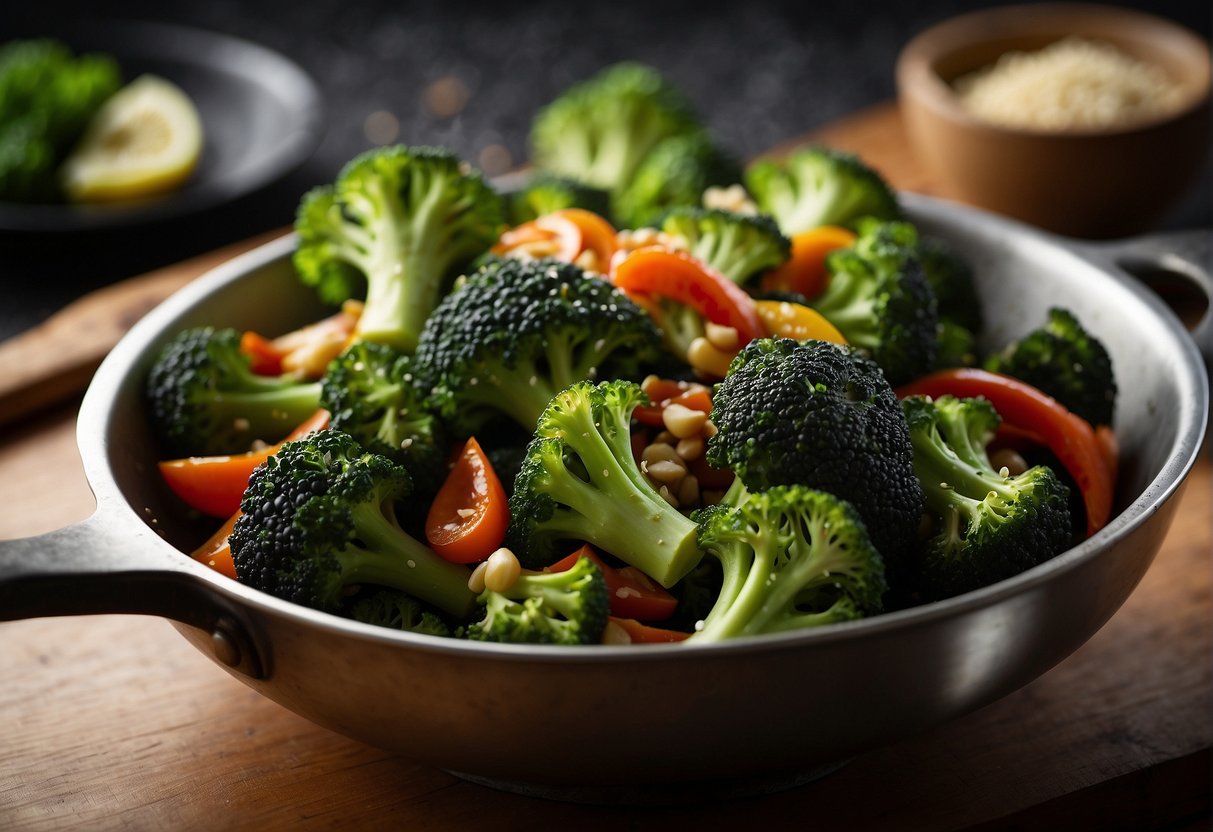 A sizzling wok tosses vibrant broccoli florets with aromatic Chinese seasonings, creating a mouthwatering stir-fry