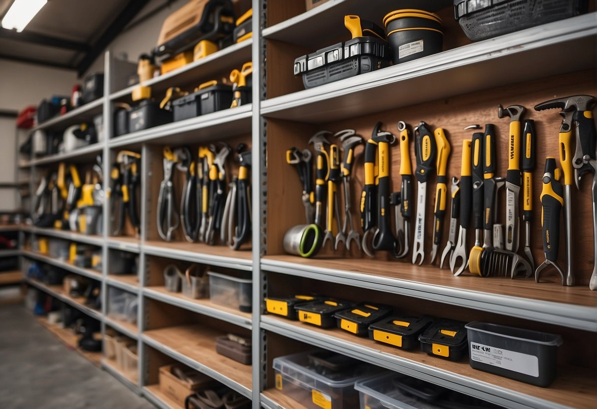 Various tools neatly organized on shelves and hooks in a spacious garage. Labels and dividers help categorize different types of tools for easy access and storage