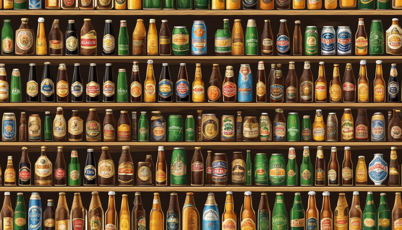 A row of German beer brands displayed on wooden shelves in a traditional beer hall