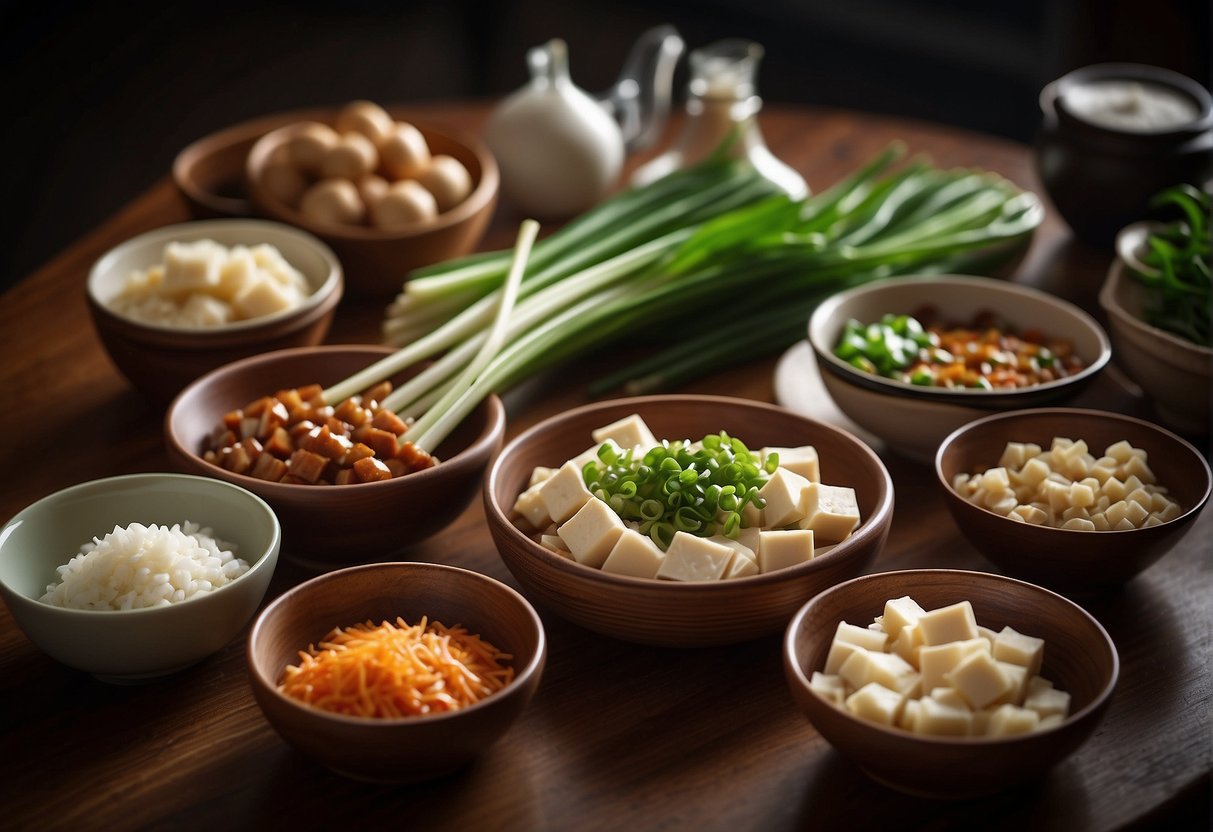 A table filled with ingredients like tofu, soy sauce, garlic, and green onions for making Chinese tau kwa dishes