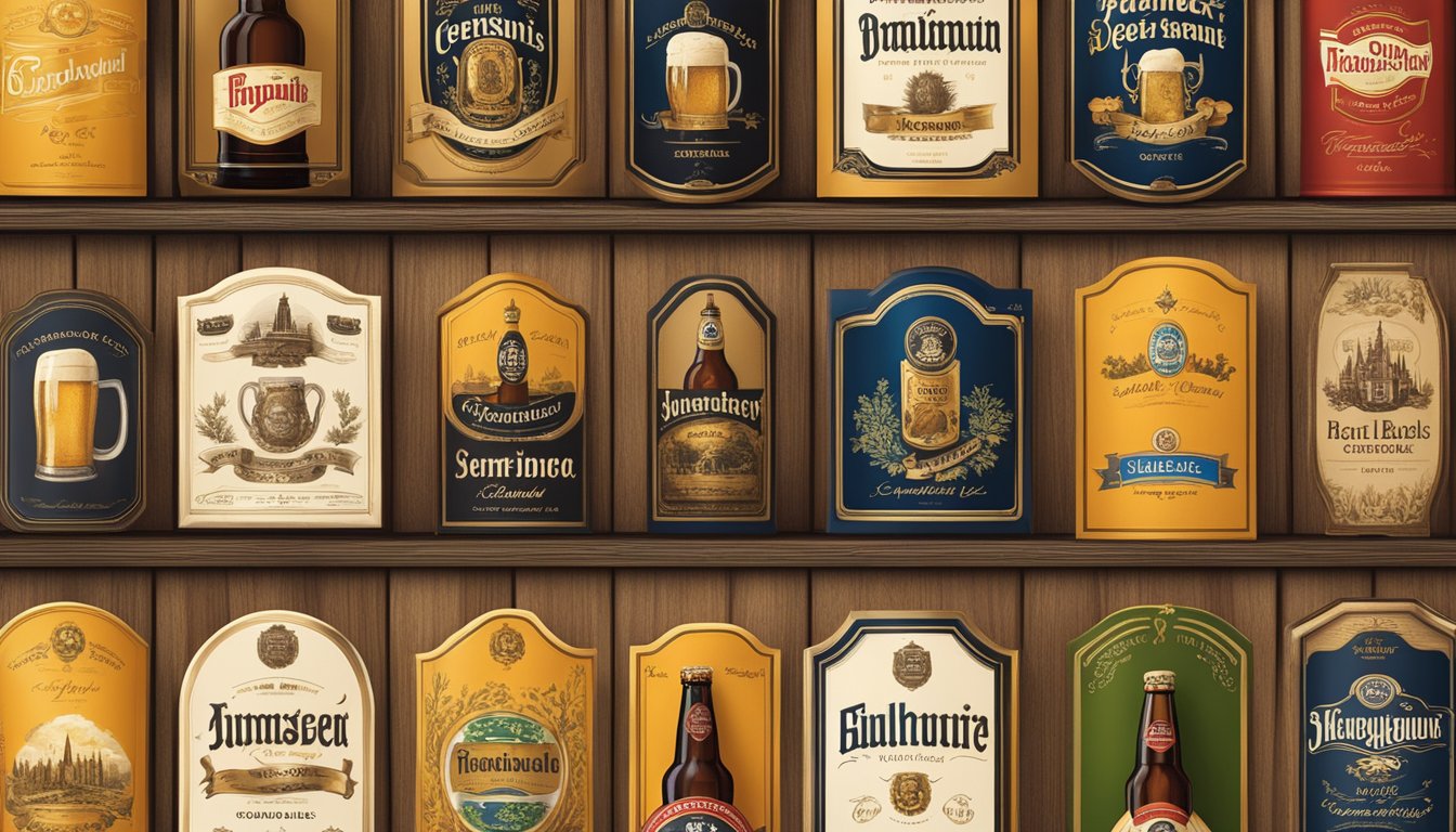 A row of historic German beer brands, each with distinct labels and traditional designs, displayed on a wooden shelf