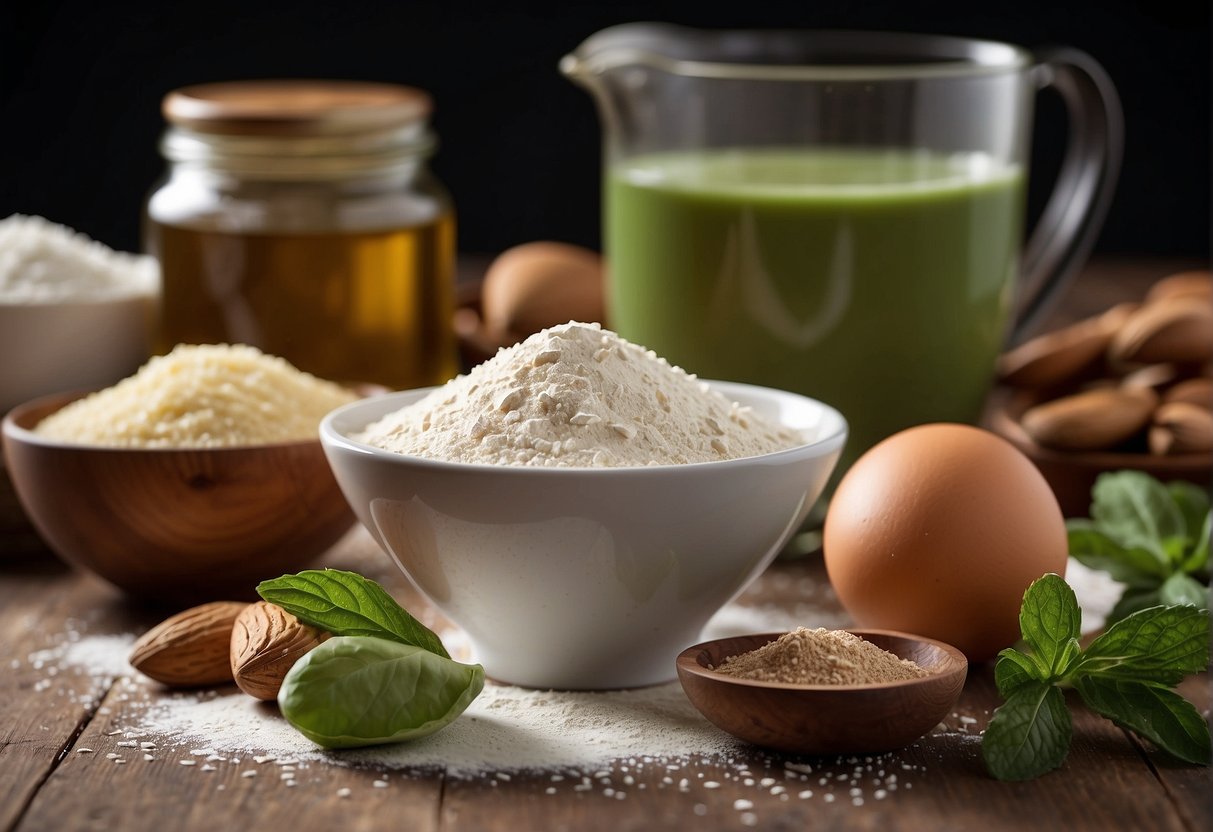 A table with ingredients: flour, sugar, eggs, milk, and green tea powder. Substitutions: almond milk, gluten-free flour, and stevia