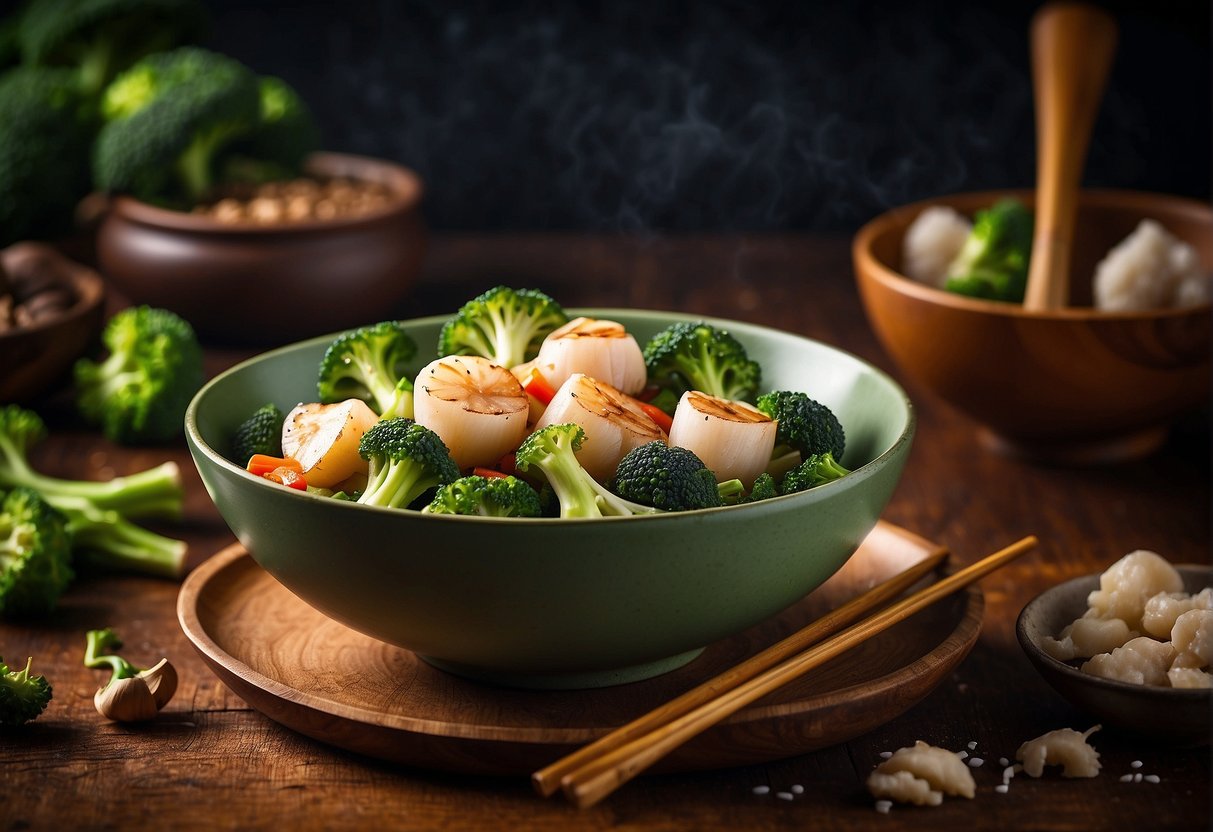 A bowl of broccoli and scallop stir-fry sits on a wooden table, surrounded by Chinese cooking utensils and ingredients