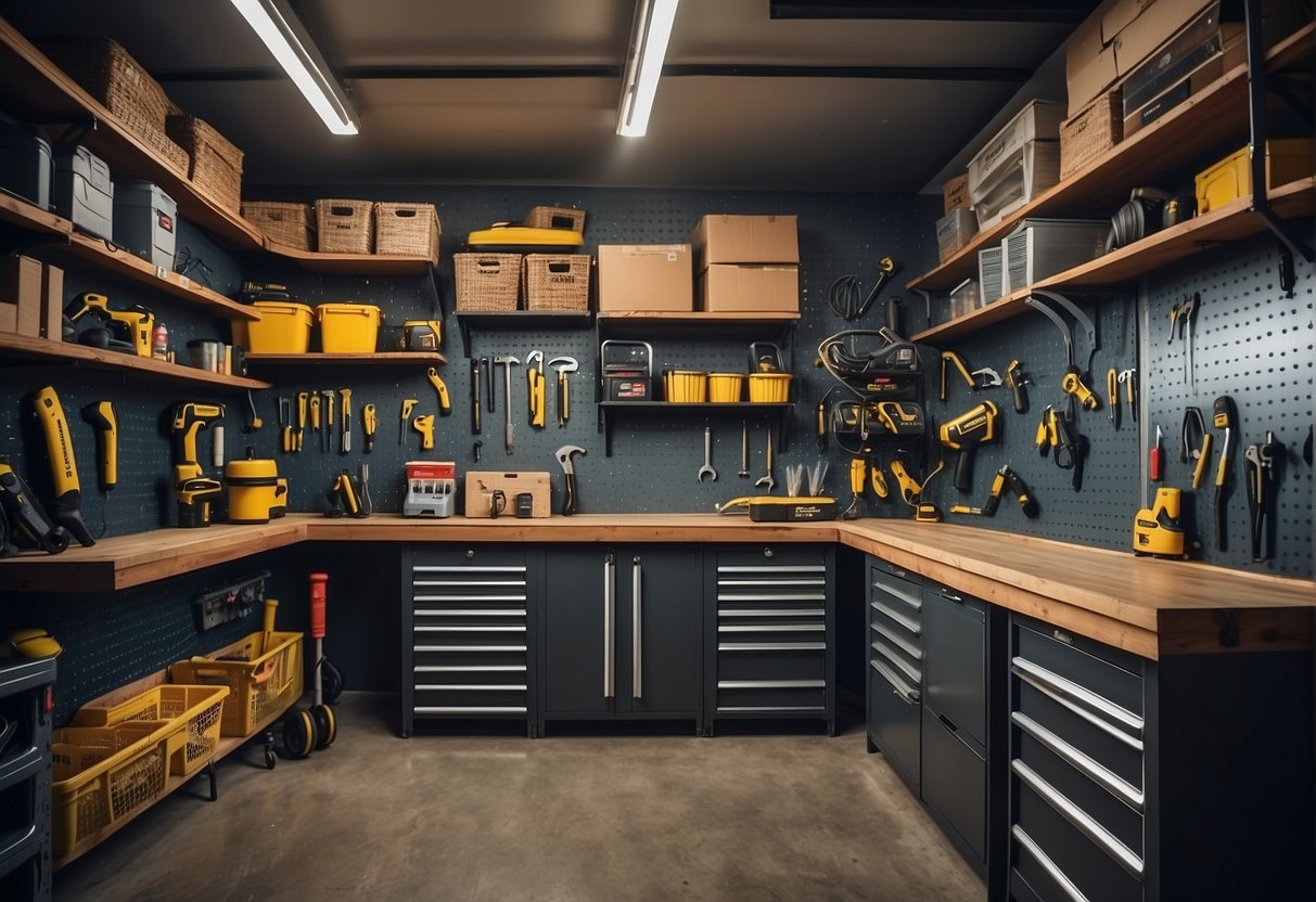 A well-organized garage with freestanding storage options for tools and equipment. Shelves, cabinets, and pegboards neatly hold various items