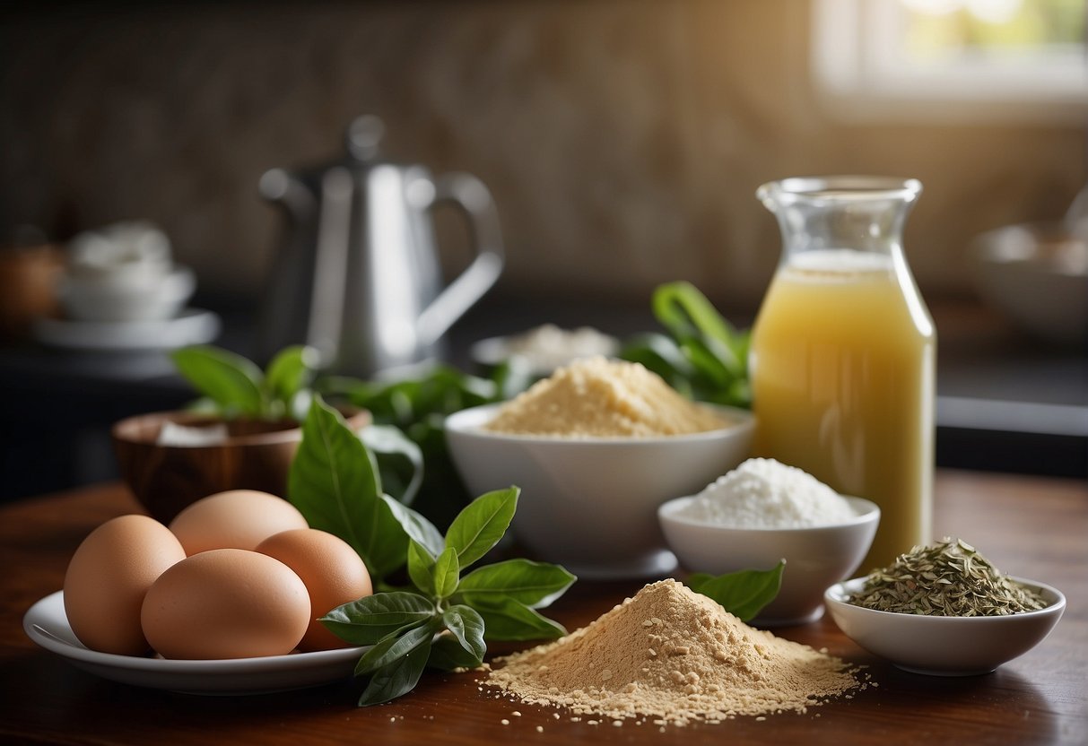 Ingredients arranged on a clean kitchen counter: flour, sugar, eggs, milk, and a bowl of green tea leaves