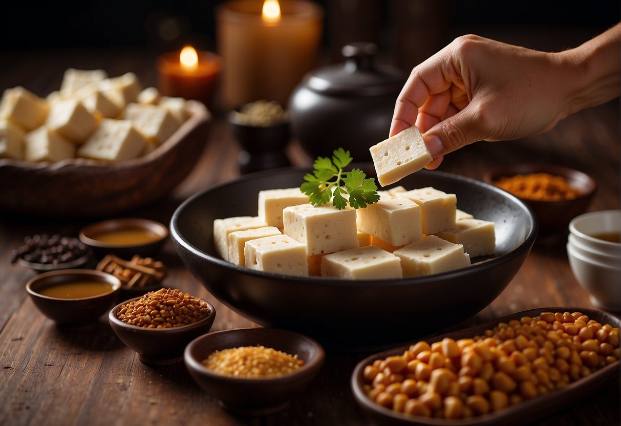 A hand reaches for tofu, soy sauce, and spices on a wooden table for a Chinese tau kwa recipe