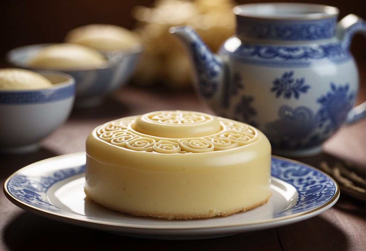 The Chinese tea cake batter is smooth and glossy, with a slightly sticky consistency. The cake's surface is adorned with intricate patterns and designs, creating a visually appealing texture