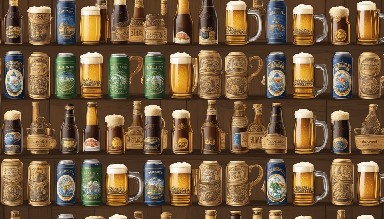 A row of traditional German beer steins on a wooden table, surrounded by labels of popular German beer brands