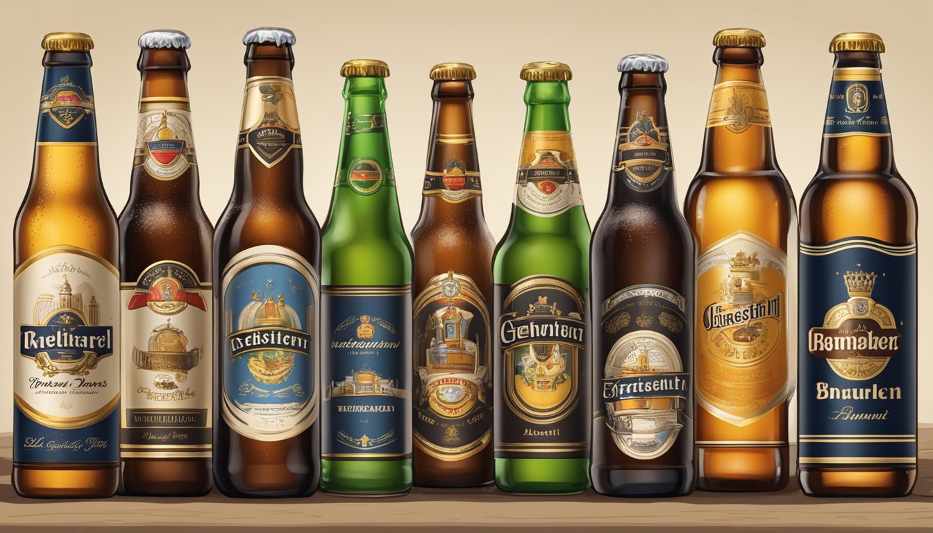 A row of traditional German breweries with distinctive beer brands displayed on signs