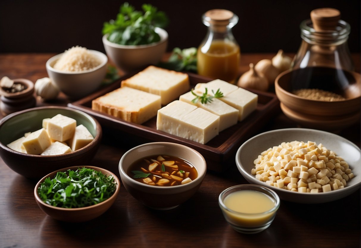 A table filled with various ingredients like tofu, soy sauce, garlic, and ginger, with a recipe book open to Chinese tau kwa recipes