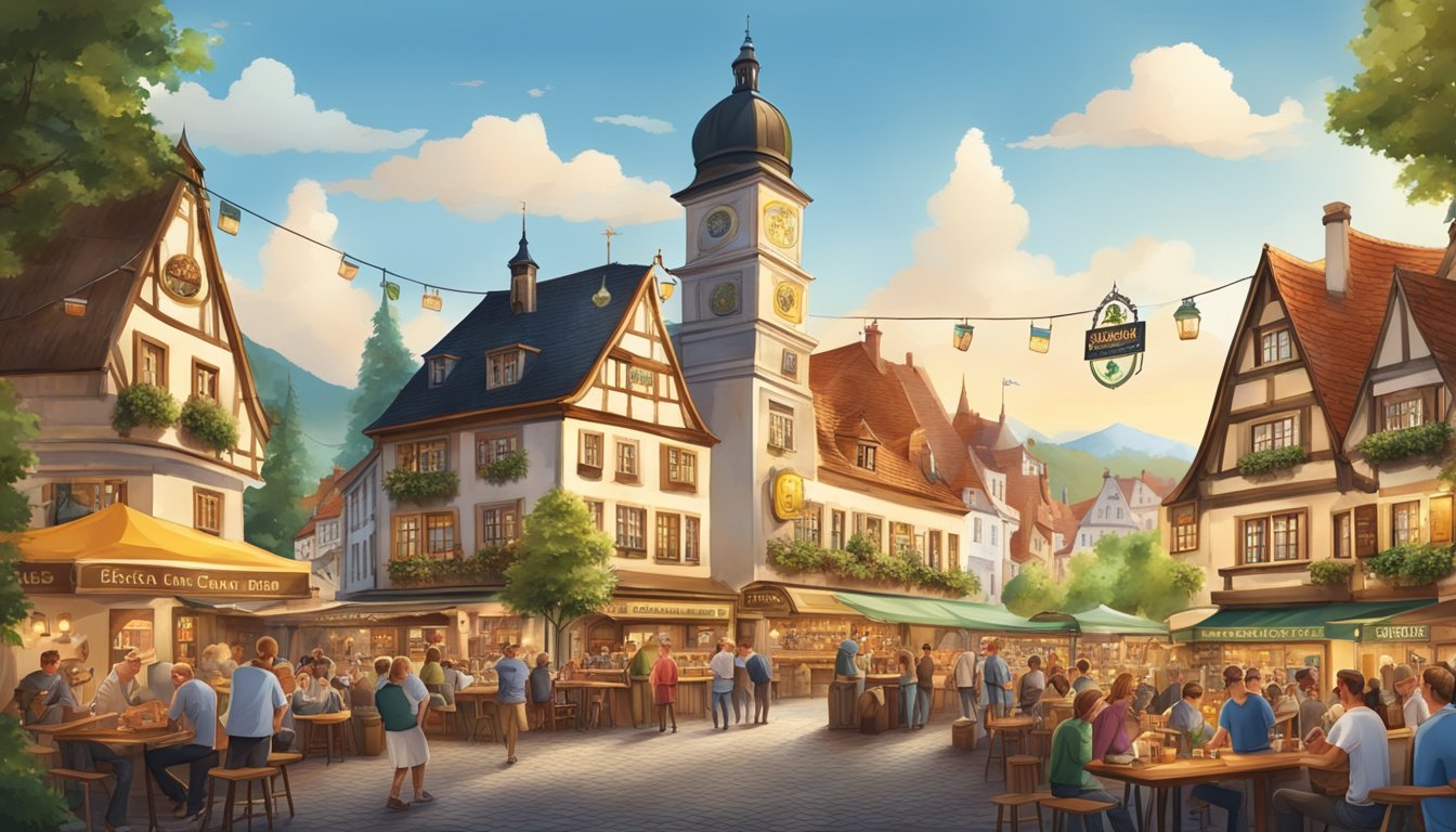 A bustling beer garden with iconic German beer brands displayed on banners and signs, surrounded by traditional Bavarian architecture and lively music