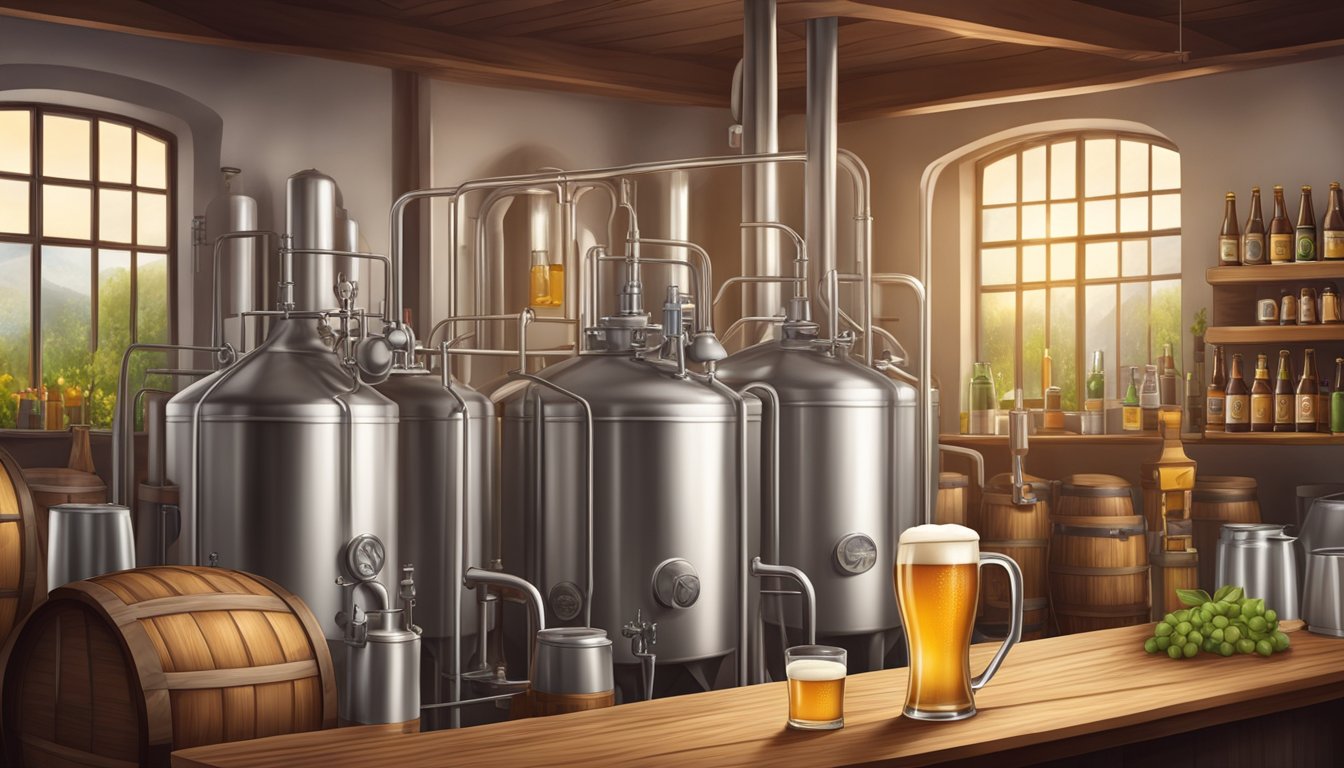 A brewery scene with traditional German beer ingredients and equipment