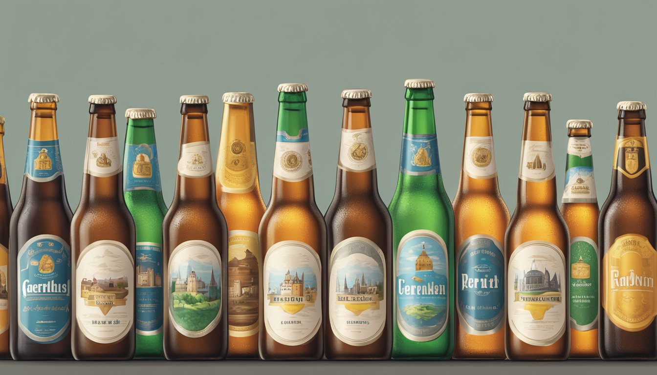 A row of German beer bottles with labels facing forward, surrounded by a stack of FAQ sheets