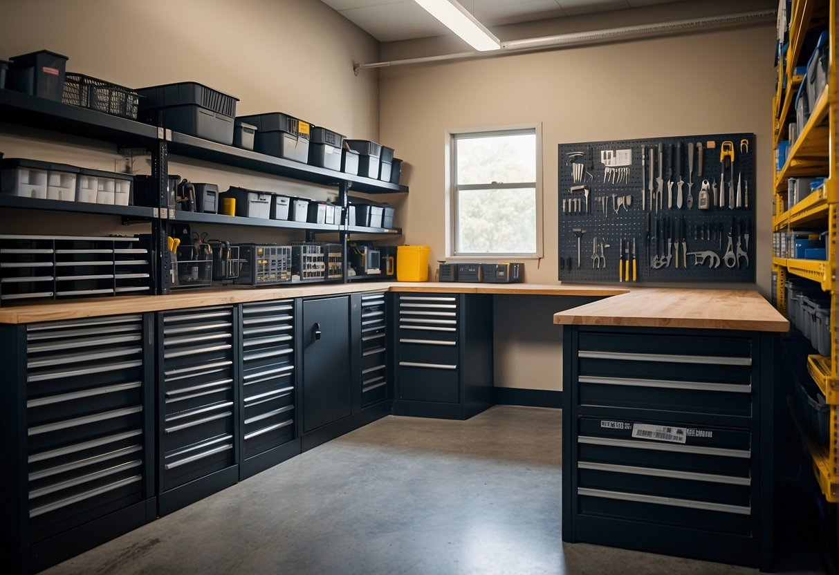 A well-organized tool storage area with sturdy shelves, labeled bins, and lockable cabinets. A clear and visible inventory list is posted on the wall for easy reference