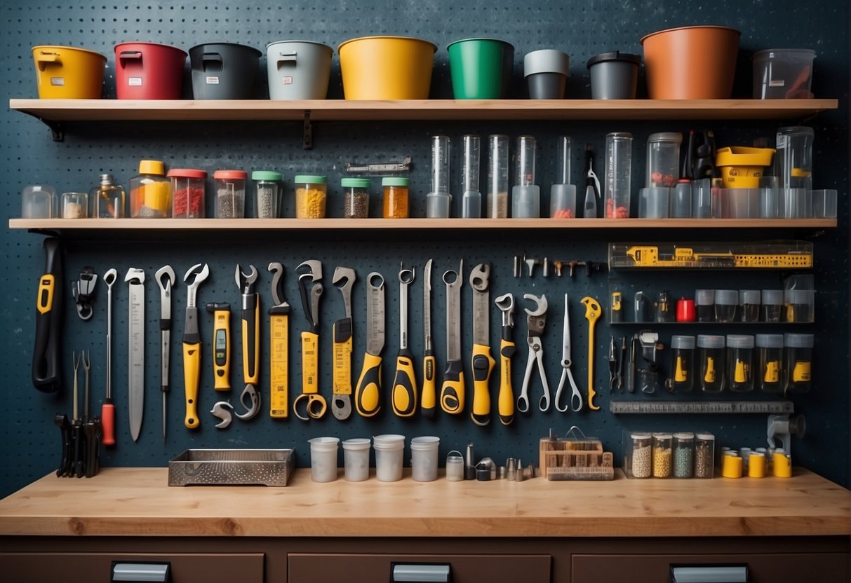 Various tools neatly organized on pegboards and shelves, with labeled containers for small items. A workbench with integrated tool storage and a rolling tool cabinet for larger equipment