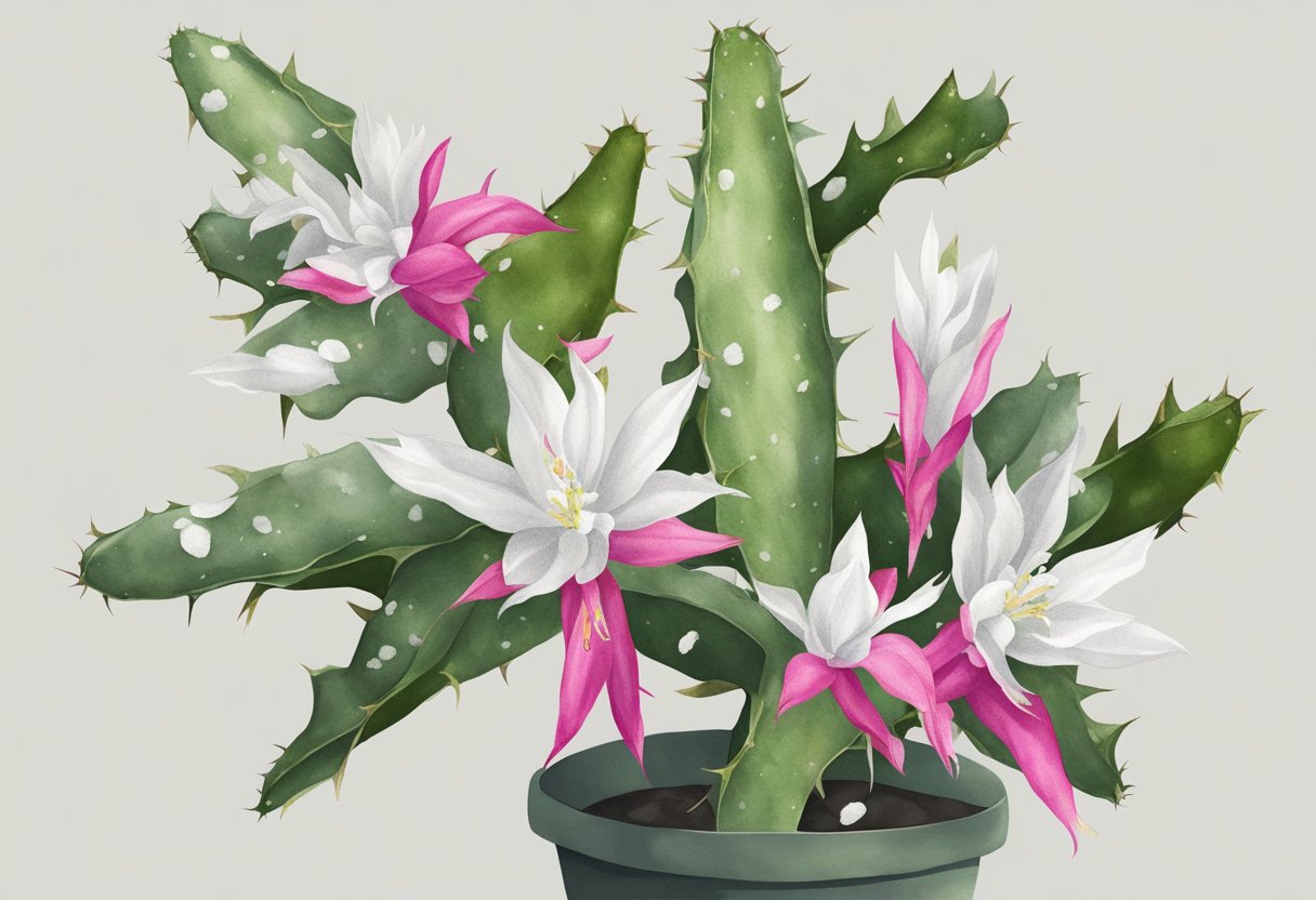 A Christmas cactus with wilting, discolored leaves and white powdery spots on the stems