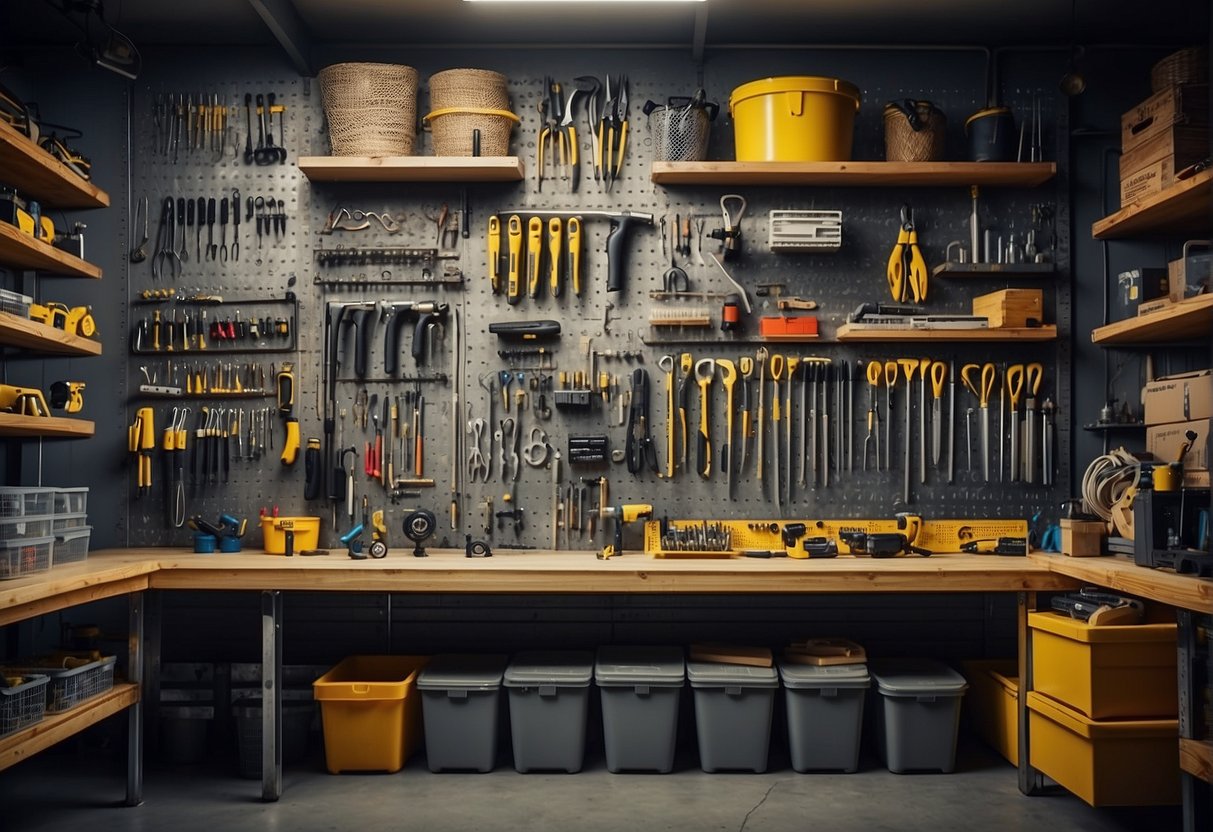 Various tools neatly organized on shelves and hooks in a garage, with labeled bins for smaller items. A pegboard with hanging tools and a workbench with tool drawers complete the storage setup