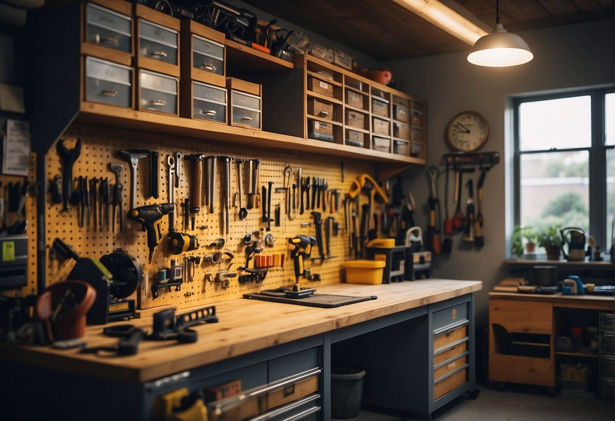 Various tools neatly organized on pegboards and shelves in a well-lit garage. A workbench with tool drawers and cabinets completes the scene