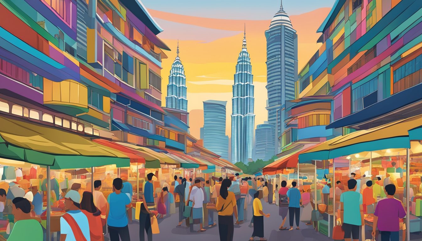 A colorful marketplace in Malaysia, with vibrant stalls and bustling crowds. The iconic Petronas Towers loom in the background
