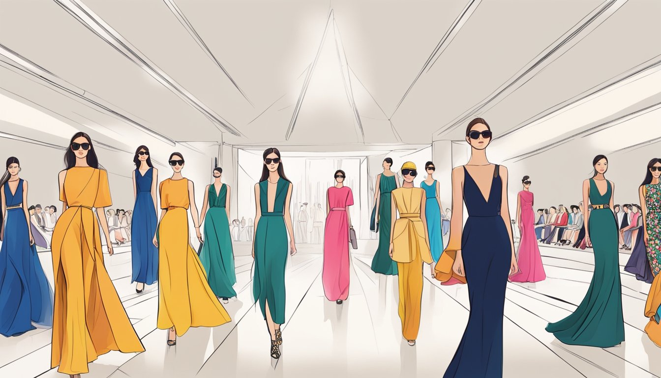 A runway show featuring luxury fashion brands in Malaysia. Vibrant colors, sleek silhouettes, and elegant designs on display