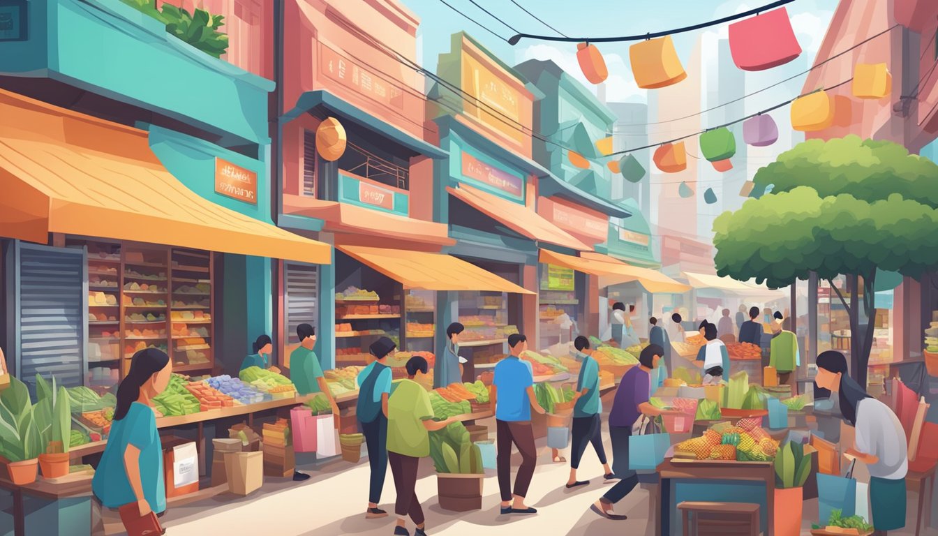 A bustling Malaysian marketplace with colorful storefronts and online shopping platforms