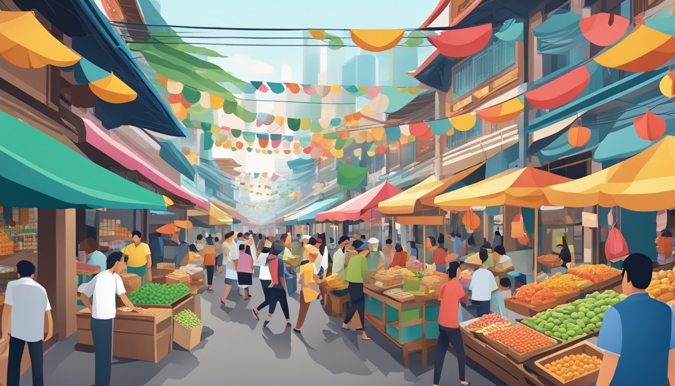 A bustling Malaysian marketplace with colorful culinary and hospitality brands lining the streets