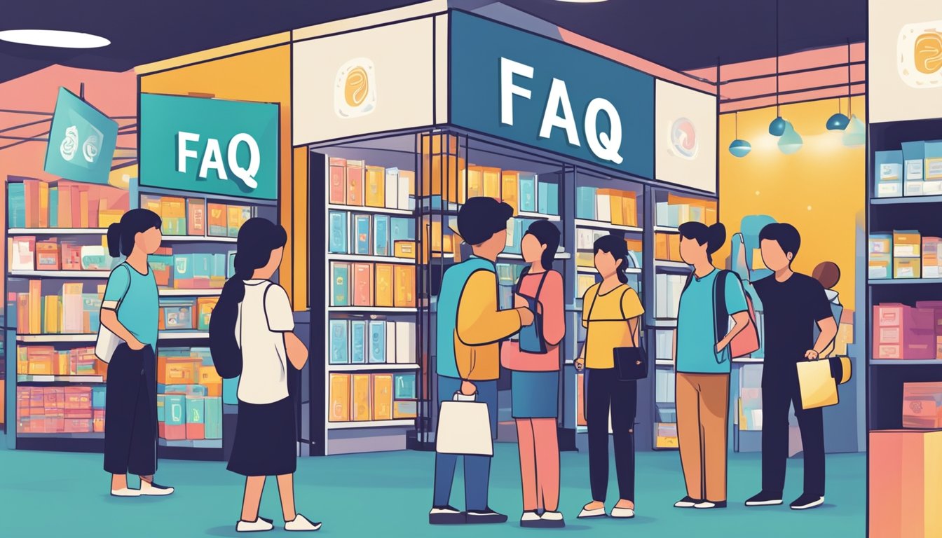 A stack of FAQ pamphlets with the brand logo, surrounded by curious customers in a Malaysian store