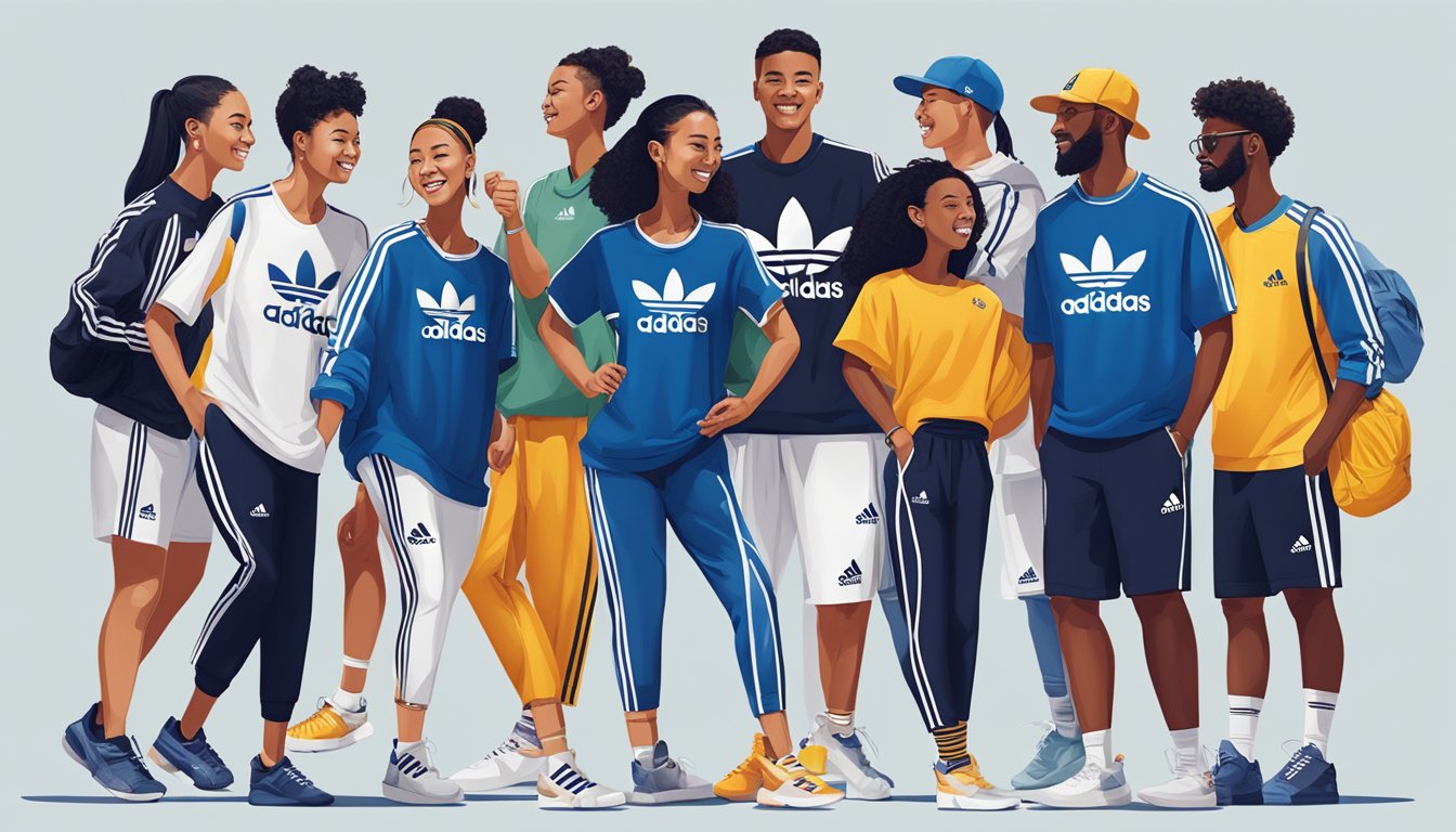 A diverse group of people wearing adidas clothing and shoes, engaging in various cultural activities like dancing, playing sports, and attending events, with adidas logos and branding prominently displayed