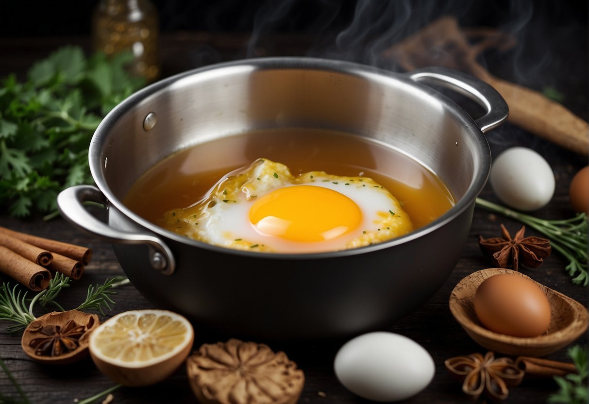 A pot of boiling water with soy sauce, tea leaves, and spices. Eggs being gently cracked and added to the pot. A simmering liquid turning the eggs into marbled beauties
