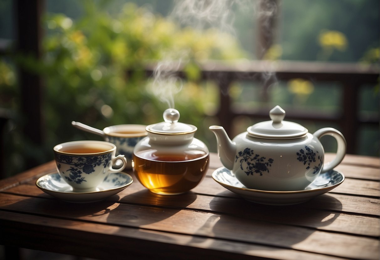 A traditional Chinese tea set on a wooden table, with a steaming teapot, cups, and a plate of fragrant tea leaves