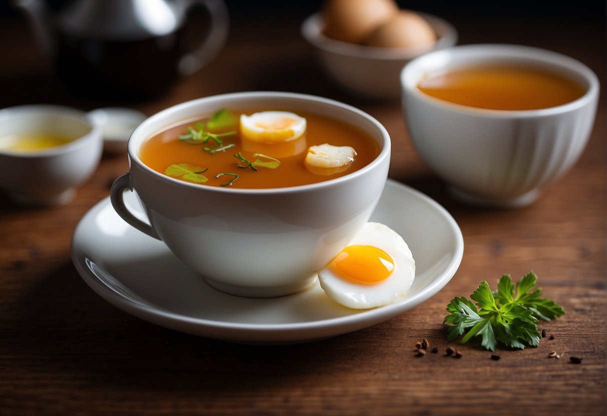 A pot of simmering tea-infused liquid with cracked eggs, soy sauce, and spices