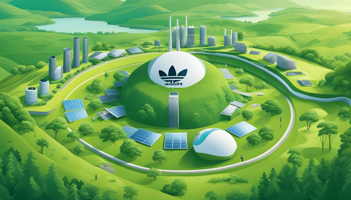 Adidas logo embedded in lush green landscape with renewable energy sources and diverse communities in the background