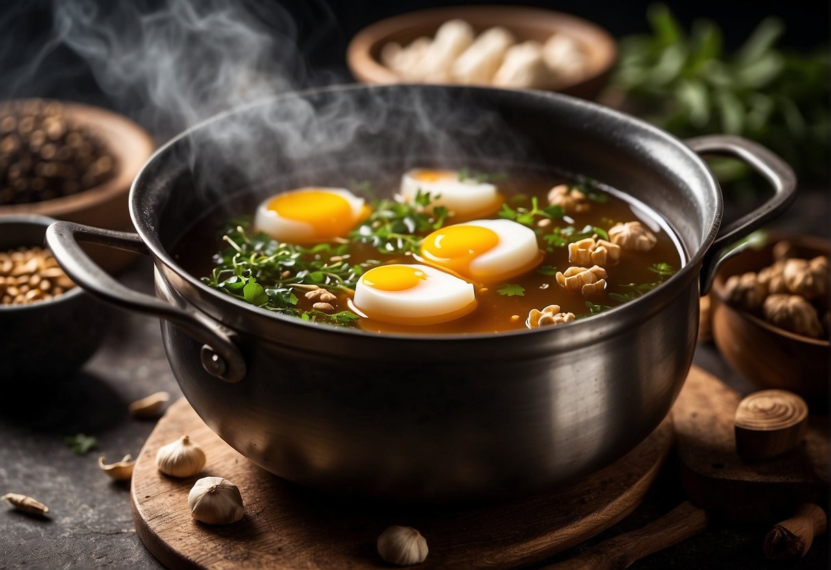 A pot simmering with soy sauce, tea leaves, and spices. Eggs gently boiling in the fragrant liquid. Bowls of ginger, garlic, and star anise nearby