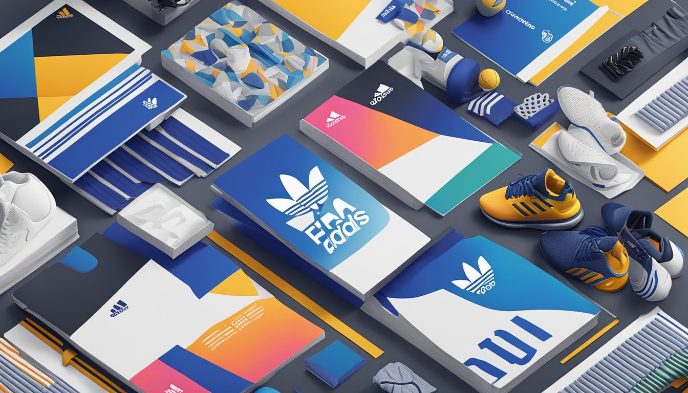 A stack of FAQ cards with adidas logo, surrounded by various sports equipment and apparel