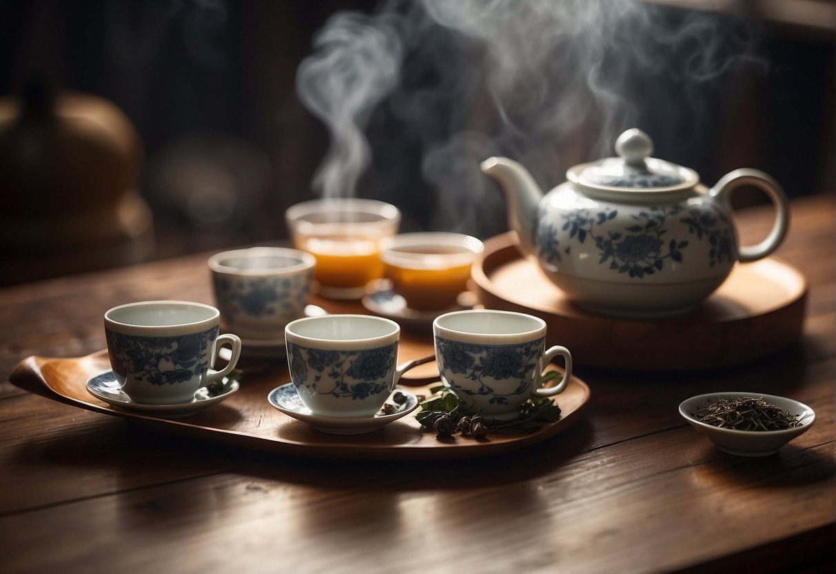 A traditional Chinese tea set on a wooden table with a teapot, cups, and loose tea leaves. A steam rises from the teapot