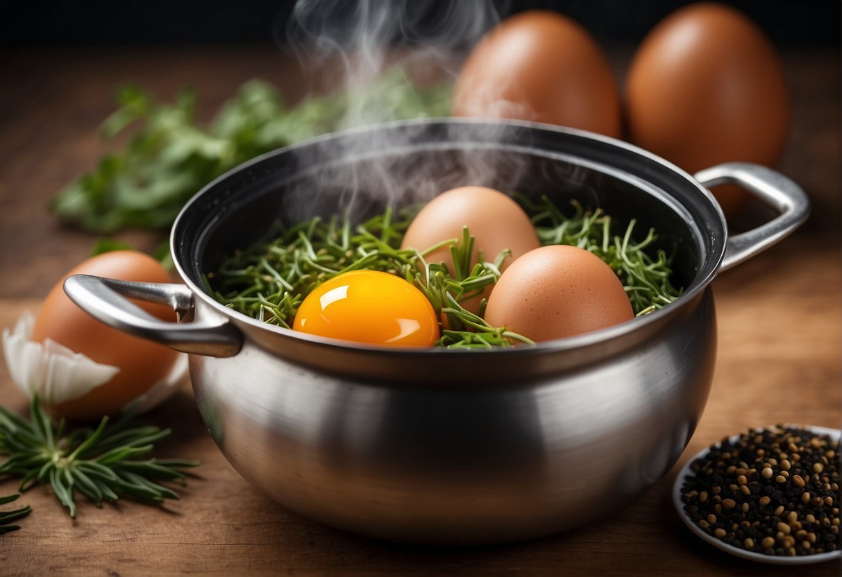 A pot of boiling water with tea leaves, soy sauce, and spices. Eggs being gently cracked and added to the pot. Steam rising as the eggs simmer