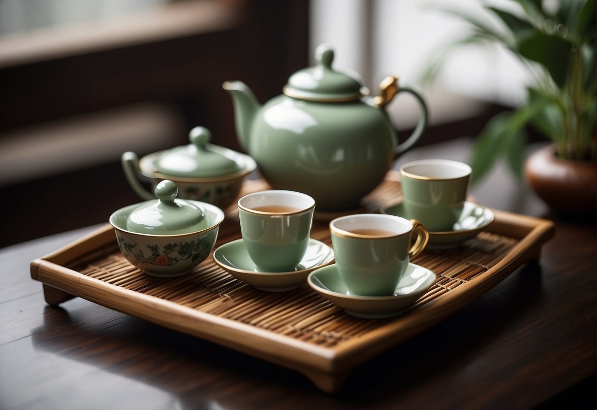 A traditional Chinese tea set arranged with teapot, cups, and loose tea leaves on a bamboo tray
