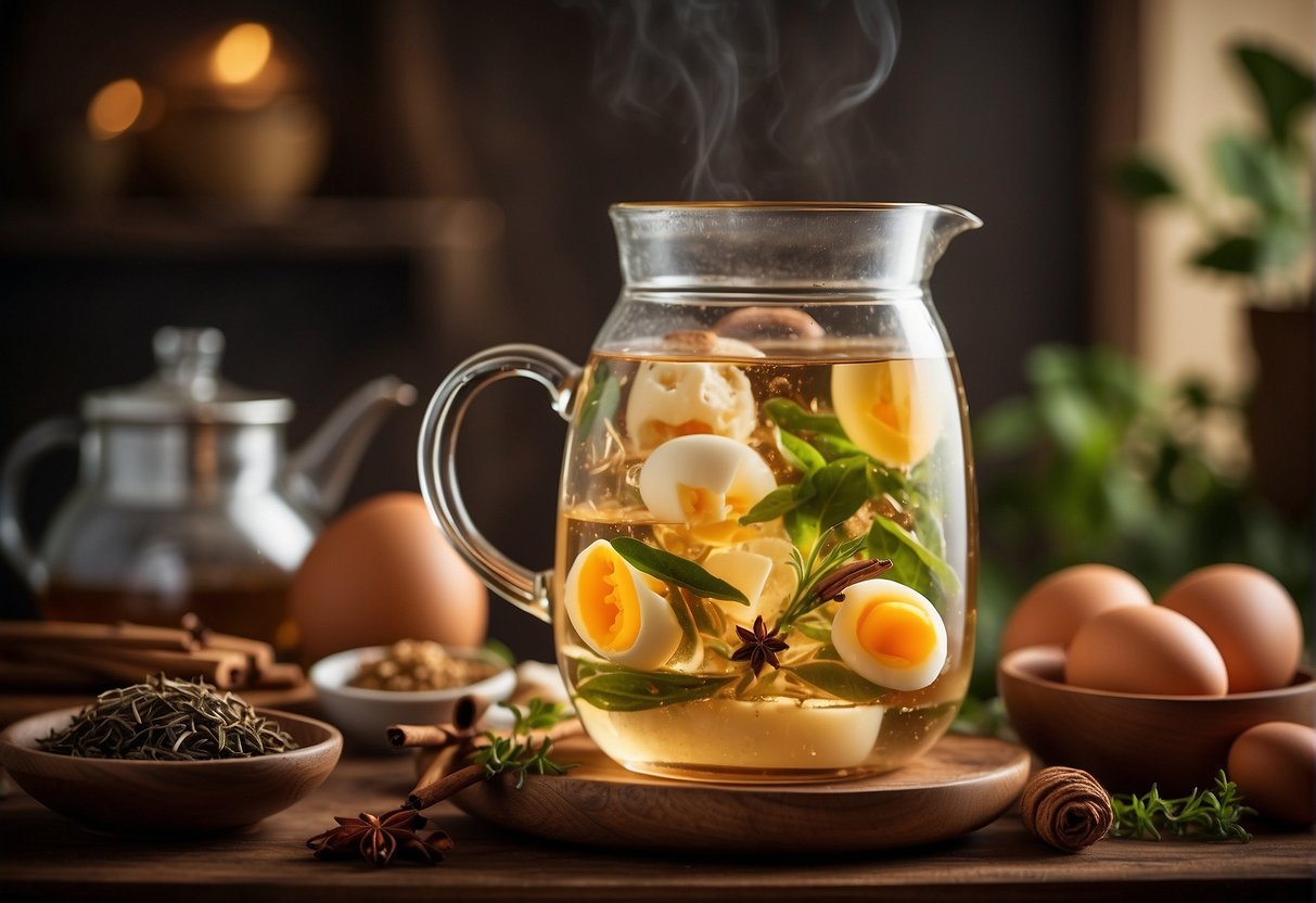 A pot of simmering tea-infused water with eggs floating inside, surrounded by ingredients like soy sauce, star anise, and cinnamon sticks